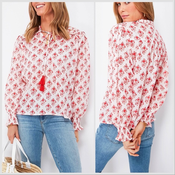 Tuckernuck Tops - Tuckernuck Ro's Garden Red Caitlin Hollie Shirt Red Floral Tassel Sz M